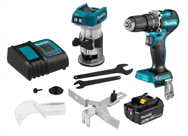 Imagen de  COMBO ROUTER DRT50 + ROTOMARTILLO DHP487 C/1 BATERIA MAKITA DLX2463ST