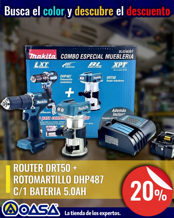 Imagen de ROUTER DRT50 + ROTOMARTILLO DHP487 MAKITA